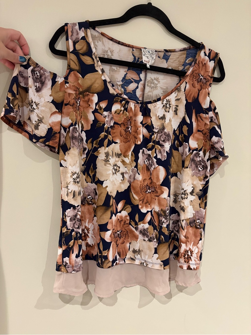 NAIF Navy Floral Cold-Shoulder Blouse with Brown Blooms